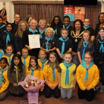 Hounslow Brownies and Guides Group and leaders with Mayor and Maria Pedro